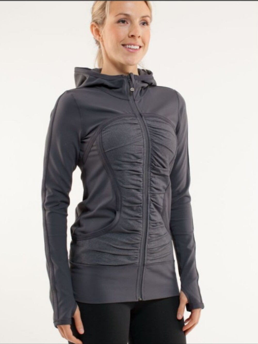 lululemon Women Ruched Dark Gray Hooded Zip Jacket